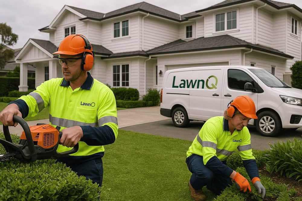 LawnQ experts providing garden care services like pruning, weeding, and trimming.